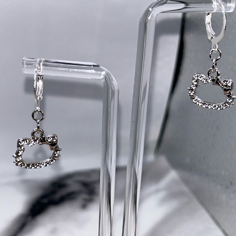 Charming Silver Crystal Cat Earrings